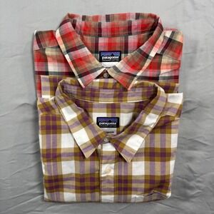 Lot of 2 Patagonia Mens Fezzman Short Sleeve Shirt Organic Cotton Plaid Camping
